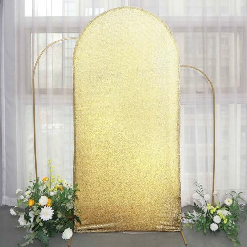 Efavormart 7ft Shiny Champagne Spandex Fit Round Top Backdrop Frame Stand Cover, 2-Sided Metallic Sparkly Wedding Arch Cover - color: Champagne, size: 7 FT