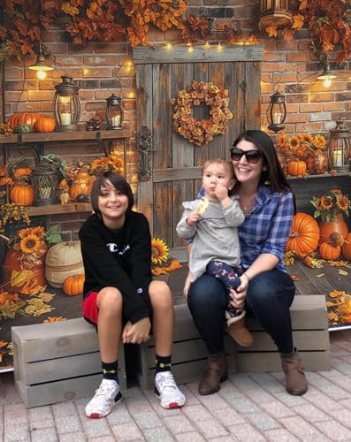 Mocsicka Fall Thanksgiving Photography Backdrop Autumn Pumpkin Harvest Barn Background Fall Maple Leaves Rustic Wooden Garland Pumpkin Party Banner Decorations Photoshoot Studio (10x8ft) - size: 10x8ft