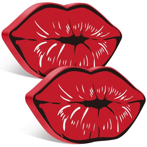 2 Pcs Lips Decor Wood Signs, Red Pink Kisses Mouth Table Centerpiece for Wedding Anniversary Romantic Home Decor Tiered Tray Decors Bedroom Bathroom Shelf Decoration, 6.3 x 3.5 x 0.47 Inch(Red) - color: Red