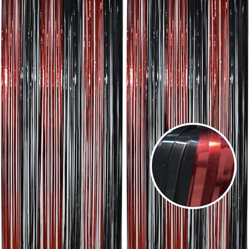 BRAVESHINE Tinsel Photo Backdrop Curtains - 2 Pack 3.2x8.2ft Black Red Foil Fringe Streamer Curtain for Graduation/Stranger/Men/Birthday/Bachelorette/Anniversary/Home/Office/Indoor/Outdoor Decorations - color: Black Red