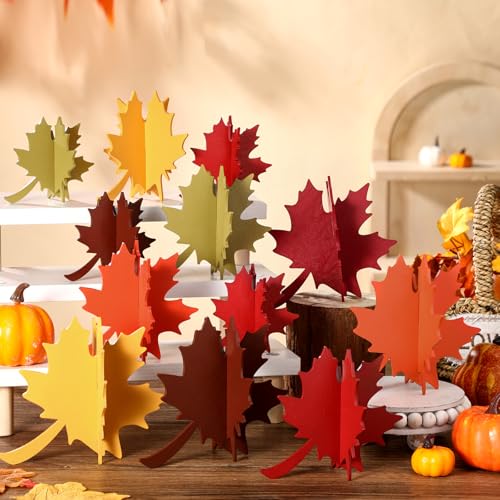 Soaoo 24 Pcs Thanksgiving Leaves Decorations Farmhouse 3D Fall Table Decor Centerpiece Wooden Maple Leaf Block Signs for Autumn Harvest Tiered Tray Party Shelf Display - size: Various Size, style: Maple Leaf