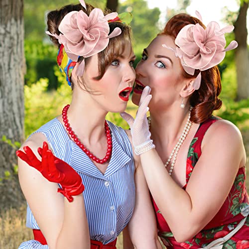 Fascinators Hats with Gloves Set for Women 20s 50s Cocktail Tea Party Wedding Costume Headwear - color: A-pink