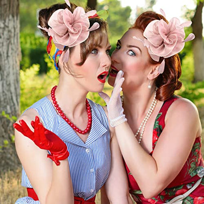 Fascinators Hats with Gloves Set for Women 20s 50s Cocktail Tea Party Wedding Costume Headwear - color: A-pink