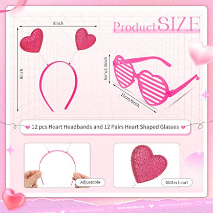 MTLEE 24 Pcs Valentines Heart Head Boppers Headbands and Heart Shape Sunglasses Valentines Party Supplies Wedding Photo Prop - color: Hollow Rose Red