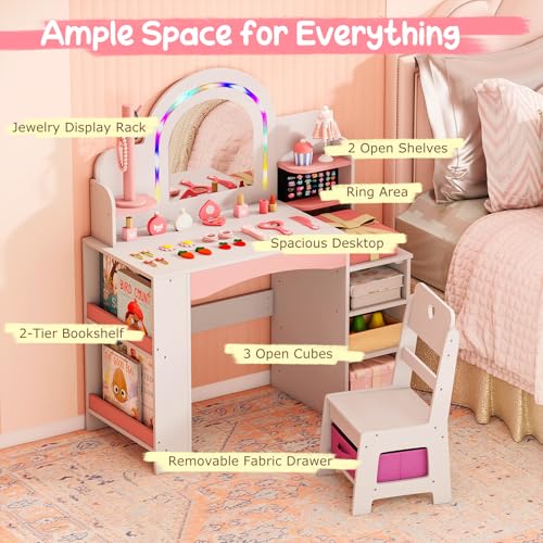 Costzon Kids Vanity, Girls Vanity Set with Lighted Mirror, Bookshelf, Jewelry Storage, Toddler Makeup Vanity Desk Dressing Table, Wooden Kids Vanity Table and Chair Set (White) - style: White