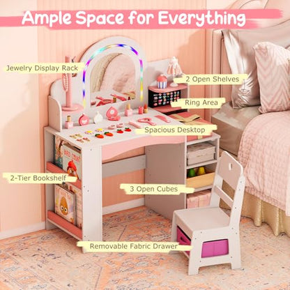 Costzon Kids Vanity, Girls Vanity Set with Lighted Mirror, Bookshelf, Jewelry Storage, Toddler Makeup Vanity Desk Dressing Table, Wooden Kids Vanity Table and Chair Set (White) - style: White