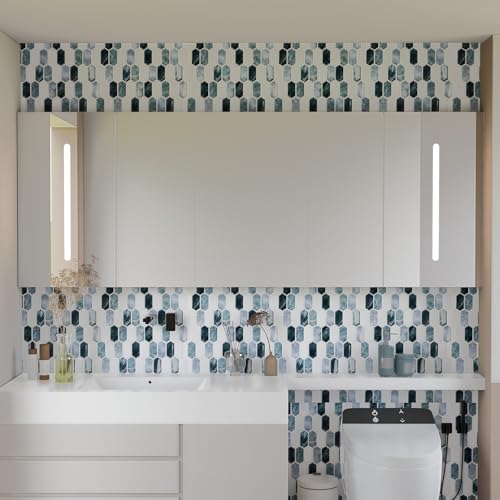 10-Sheet Backsplash Peel and Stick Tile Faux Marble 12"x12" White Blue Long Hexagon Self-Adhesive Glossy Heat Resistant Waterproof 3D Wall Panel Stick on Backsplash Kitchen Bathroom RV Fireplace - size: 12''x12''