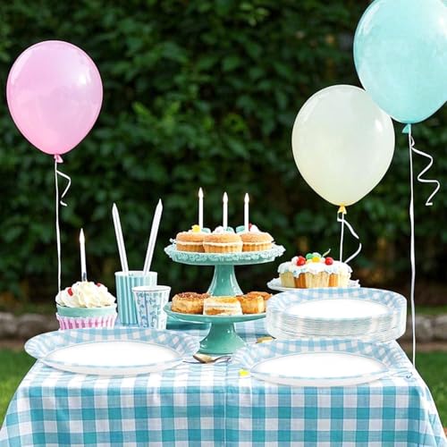 50PCS Light Blue Gingham Paper Oval Plates 10" X 12" Disposable Light Blue and White Gingham Party Plates Disposable Heavy Duty Checkered Plaid Dinnerware for BBQ Gathering Picnic Baby Shower Birthday - style: Blue Gingham Oval Kit