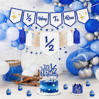 1/2 Birthday Blue Half Birthday Decorations - Blue Star It's My 1/2 Birth Banner, Glitter Cake Topper Tassel Wood Bead High Chair Banner & Crown, Hat Halfway to One Boy Girl Party Supplies - color: Star Blue
