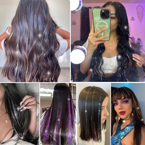 Hair Tinsel Clip in 12 Pcs Glitter Tinsel Hair Extensions 20 Inch Fairy Hair Clip in Hair Tinsel Heat Resistant Sparkly Hair Accessories for Girls Women Kids (Black) - color: Black