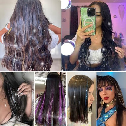 Hair Tinsel Clip in 12 Pcs Glitter Tinsel Hair Extensions 20 Inch Fairy Hair Clip in Hair Tinsel Heat Resistant Sparkly Hair Accessories for Girls Women Kids (Black) - color: Black