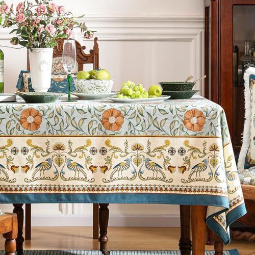 patdrea Designer French Linen Blue Tablecloth for Rectangle Table,Vintage Floral Table Cloth,Colorful Decoration Fall Cover Kitchen Dining for Thanksgiving,Tea Party,Christmas,63"x94"-Wensel - color: Wensel, size: 94" x 63" (Rectangular)