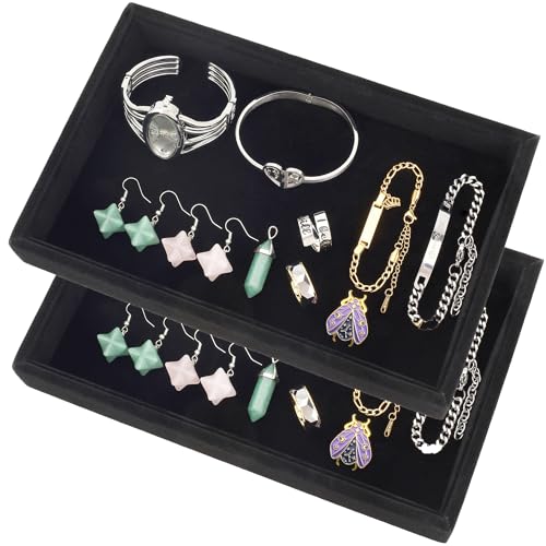 2 Pcs 9" x 5.7" Velvet Jewelry Tray Jewelry Display Tray, Stackable Empty Plate Trays for Earrings Necklaces Bracelet Rings Display Showcase - Black - color: Black, size: Flat Tray 9"x5.7"