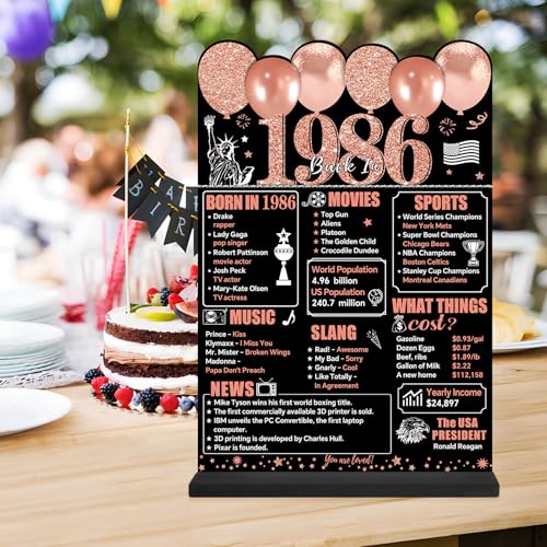 Guiruiy Rose Gold 40th Birthday Decorations for Women, Two-Sided Vintage 40 Back in 1986 Theme Poster Wooden Table Sign with Stand, Forty Years Old Bday Centerpieces Display Holder for Table Decor - style: Rose Gold 40th