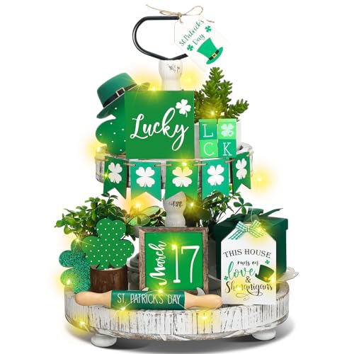 Beeveer 15 Pcs St. Patrick's Day Tiered Tray Decor Set Shamrock Gnome Wooden Sign Rustic Irish Themed Table Centerpiece Tabletop for Home Office Kitchen(Shamrock) - style: Shamrock