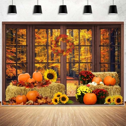 Leowefowa 10x6.5ft Vinyl Fall Window Backdrop Autumn Forest Pumpkin Photography Background Thanksgiving Party Decorations Baby Shower Birthday Party Background Photo Booth Props - size: 10x6.5ft