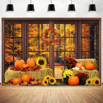 Leowefowa 12x8ft Vinyl Fall Window Backdrop Autumn Forest Pumpkin Photography Background Thanksgiving Party Decorations Baby Shower Birthday Party Background Photo Booth Props - size: 12x8ft