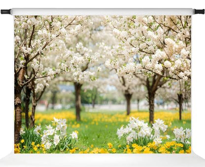 Kate Spring Backdrop White Sakura Green Grass Natural Scenery Forest Trees Season Holiday Photography Props, 7x5ft - size: 7x5ft