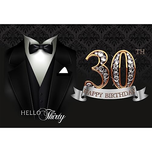 6x4ft Man Happy 30th Birthday Backdrop Gentleman Necktie Suit Tuxedo Luxury Black Gold Diamond 30 Photography Background Hello Thirty Birthday Party Decor Banner Portrait Photo Shoot Props - color: black gold 30, size: 6x4ft
