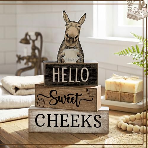 Moucuny 4 Pcs Donkey Bathroom Decor Set Farmhouse Bathroom Decor and Accessories Rustic Hello Sweet Cheeks Wooden Blocks Signs Funny Donkey Toilet Shelf Decoration for Home Office Half Bath - style: Donkey