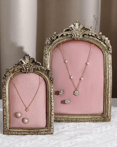Wonderjune 2 Pcs Gold Jewelry Display Stand Vintage Necklace Organizer Ring Holder Earring Tray Resin Jewelry Photography Props Frame with Velvet Backing for Gifts(Pink,Large,Small,Elegant) - color: Pink, size: Large,Small, style: Elegant