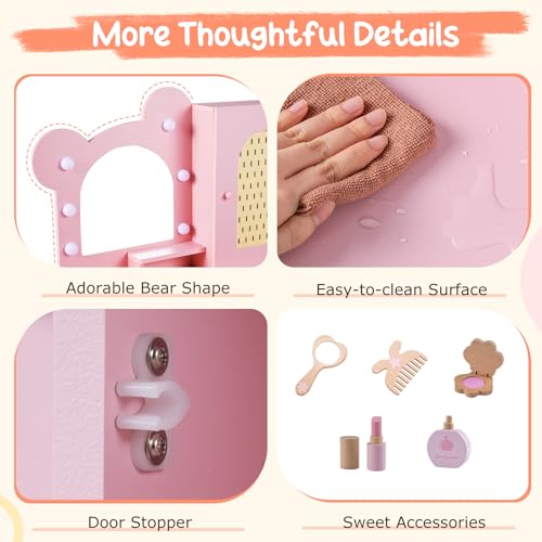 Costzon Kids Vanity with Lights, Girls Vanity Set with Mirror, Storage Drawers, Cabinet & Shelves, Toddler Makeup Vanity Desk Dressing Table, Wooden Kids Vanity Table and Chair Set (Pink) - style: Pink with Storage Bins