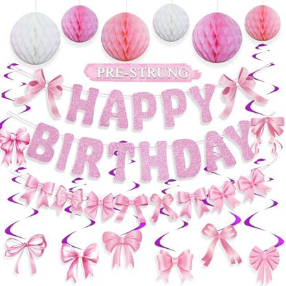 Pre-strung Pink Bow Birthday Party Decorations Glitter Happy Birthday Banner Honeycomb Balls Bows Hanging Swirls for Women Girls Coquette Party Decor