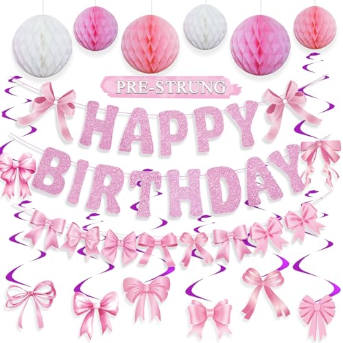 Pre-strung Pink Bow Birthday Party Decorations Glitter Happy Birthday Banner Honeycomb Balls Bows Hanging Swirls for Women Girls Coquette Party Decor
