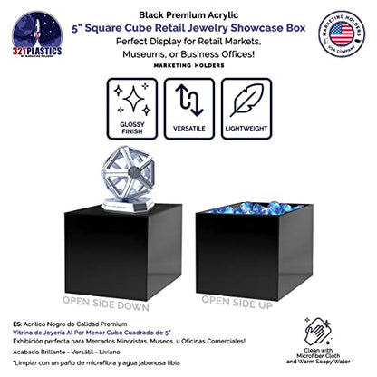 2 Pack 5" Acrylic Display Riser Box with One Open Side No Lid Versatile Preassembled Glossy Black Square Lucite Retail Product Platform or Merchandise Storage Bin by Marketing Holders - size: 5"w x 5"h Black
