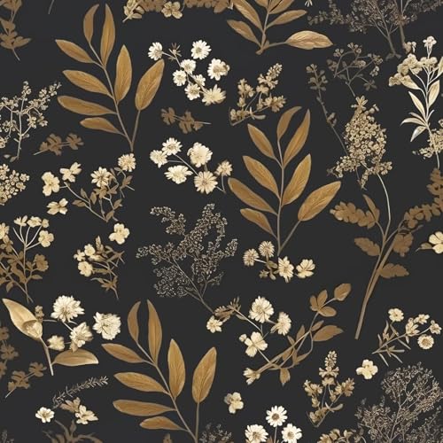Laatse Vintage Wallpaper Peel and Stick Black Floral Wallpaper 17.5'' x 393'' Gold Leaf Contact Paper Vinyl Waterproof Self Adhesive Boho Botanical Wall Paper for Bedroom Shlef Cabinet Décor - color: Black&Golden, size: 393" x 17.5"