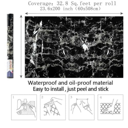 Arthome Black Marble Contact Paper, Peel and Stick Black Silver Paper, Self Adhesive Wallpaper (Black Sliver, 23.6"x200") - color: Silver Blk, size: 23.6" x 200"