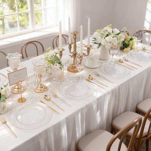 I00000 150Pcs Clear Plastic Plates with Gold Rim,Clear Disposable Plates with silverware,Gold hammer patterned plates Set include 30 Dinner Plate,30 Dessert Plate,90 Silverware Set for Party - color: Clear and gold