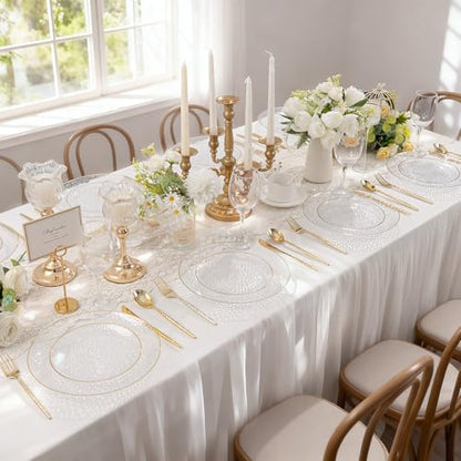 I00000 150Pcs Clear Plastic Plates with Gold Rim,Clear Disposable Plates with silverware,Gold hammer patterned plates Set include 30 Dinner Plate,30 Dessert Plate,90 Silverware Set for Party - color: Clear and gold
