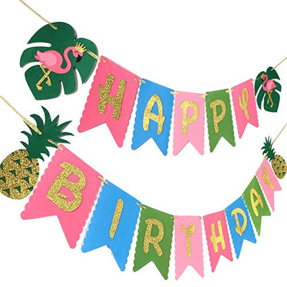 Hawaiian Birthday Party Decoration for Luau Summer Pool Glitter Gold Birthday Banner for Aloha Party Coconut Palm and Beach Happy Birthday Banner Photography Props