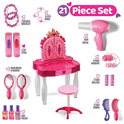 Play22 Pretend Play Girls Vanity Set with Mirror and Stool 21 PCS - Kids Makeup Vanity Table Set with Lights and Sounds - Includes Fashion Hair & Makeup Accessories