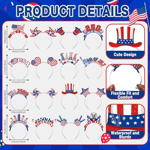 Blosssound 16 Pcs 250th Anniversary USA Headband 250th USA Patriotic Party Favor Gift Paper Head Bopper Independence Day Headwear Dress up 4th of July Party Costume Accessories Photo Prop Decor Supply - style: 4th of July