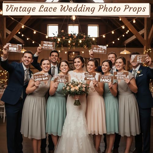 24 Designs Rustic Wedding Photo Booth Props Double Sided 11.02 x 5.51'' Photo Booth Props Wood Lace Country Bridal Shower Bachelorette Party Waterproof DIY Selfie Signs PVC for Wedding Party Reception - color: Wood, style: Lace Wedding