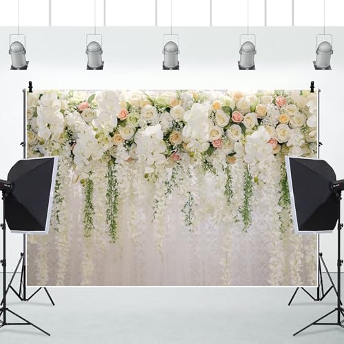 10x7ft Wedding Backdrop White Curtain Floral Wedding Ceremony Photography Background Bridal Shower Party Decor Lover Engagement Proposal Prom Banner Newborn Baby Shower Party Vinyl Wallpaper - size: 10 x 7 ft