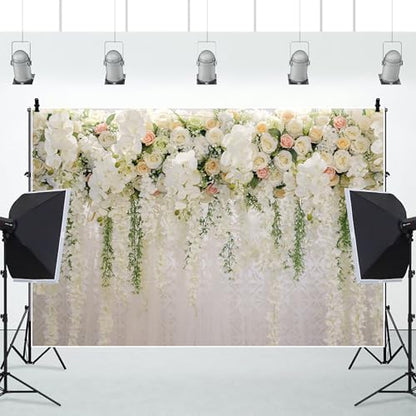 7x5ft Wedding Backdrop White Curtain Floral Wedding Ceremony Photography Background Bridal Shower Party Decor Lover Engagement Proposal Prom Banner Newborn Baby Shower Party Vinyl Wallpaper - size: 7 x 5 ft