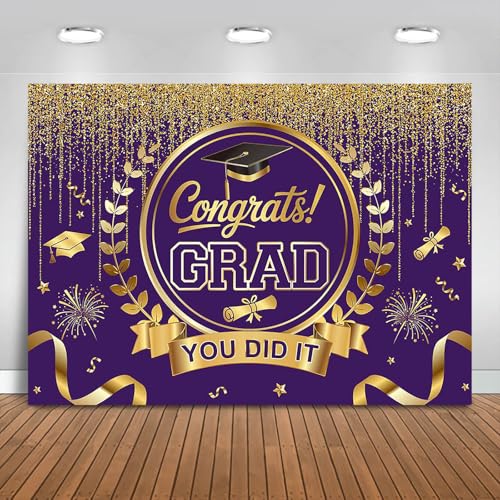 Graduation Backdrop Congrats Grad You Did It Party Decorations Background Congratulations Graduate Class of 2026 Banner Photo Booth Props (Purple and Gold, 7x5ft) - color: Purple and Gold