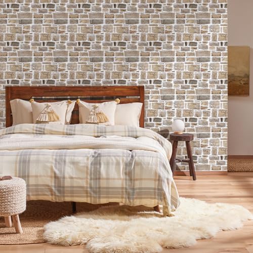 COMSTICKC 3D Faux Stone Peel and Stick Wall Panel, Faux Brick Wall Panels, 10 Pcs of 12"X12" Lightweight Thin PVC Rock Adhesive Fake Brick Backsplash Kitchen Living Room, Paintable - color: Brown - 01