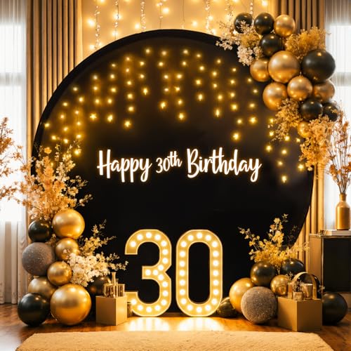 6.6 ft Black Round Backdrop Cover with Lights Circle Wedding Arch Backdrop Cover with Fairy Lights for Bridal Shower Ceremony Birthday Baby Shower Photography Photo Shoot Background Decorations - color: Black, size: 6.6 FT