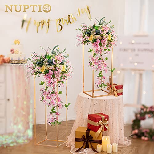 NUPTIO 2 Pcs Metal Flower Floor Vase Column Geometric Centerpieces Flower Stand for Tables, 31½ inch Tall Gold Flower Holder for Home Party Wedding Decorations, Rectangular Display Rack - size: 31½" H X 2 Pcs