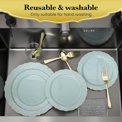Fijinhom175 PCS Green Disposable Plates, Elegant Dinnerware Set for 25 Guests, 50 Plastic Plates, 75 Silverware, 25 Cups & 25 Paper Napkins, Green - color: Green Gold Pattern, size: 25 Guests-175pcs