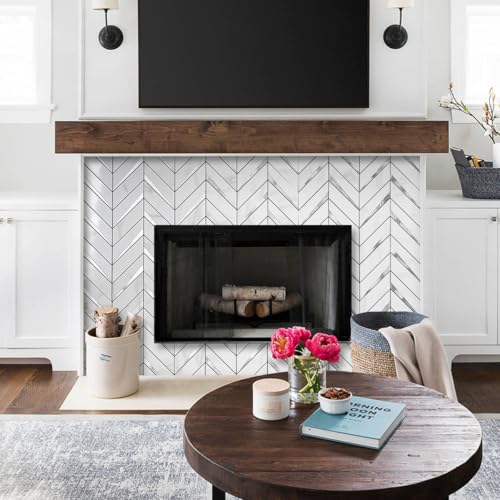 DICOFUN 10-Sheet Herringbone Tile Peel and Stick Backsplash, Polished White Marble PVC Mixed Metal Silver Stick on Backsplash for Kitchen and Bathroom Wall - color: Polished White Marble and Metal Silver, size: 10 Sheets, 12"x12"x0.12"
