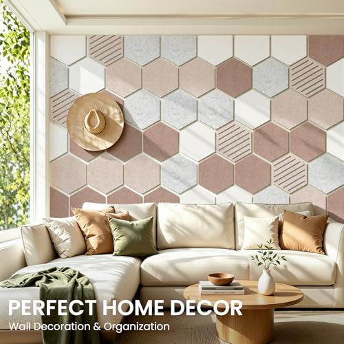 Hexagon Cork Bulletin Board Tiles, 10 Pack Felt Board with 25 Push Pins, Photo Display Board for Office & Home Classroom Wall Decor, 11.8x10.2 Inches - color: Tan