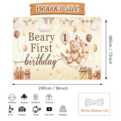 AIBIIN Beary First Birthday Decorations Backdrop 1st Birthday Party Decorations for Boy Photography Background Brown Ballon Beary Party Banner Photo Booth Props Supplies 8x6ft - color: Brown, size: 8x6ft