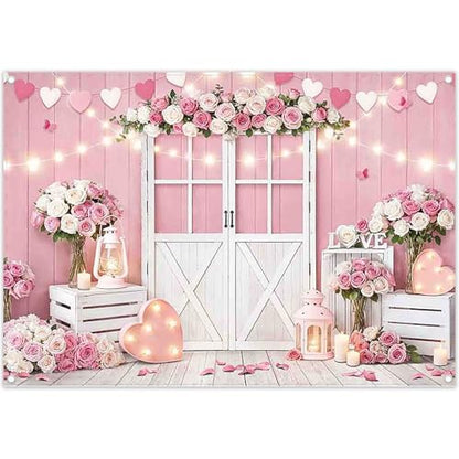 Fabric 7x5ft Valentine's Day Photography Backdrop Pink Rose Wood Door Flowers Love Heart Lights Background Wedding Bridal Mother’s Day Party Decorations Photo Props