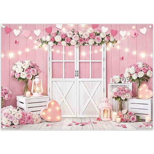 Fabric 7x5ft Valentine's Day Photography Backdrop Pink Rose Wood Door Flowers Love Heart Lights Background Wedding Bridal Mother’s Day Party Decorations Photo Props
