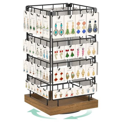 EsLuker.ly Rotating Earring Display Holder Stand for Vendors Events Selling, Large Capacity 64 Hooks Jewelry Rack with Wooden Base for Earring Card Sales, Enhances Retail Display Visibility - color: Brown+Black